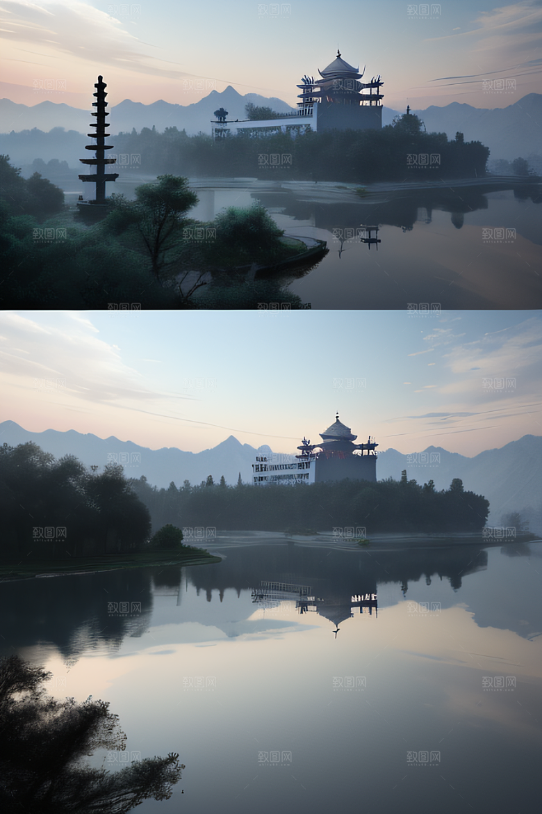 雾山之巅宁静美丽的中国宫殿