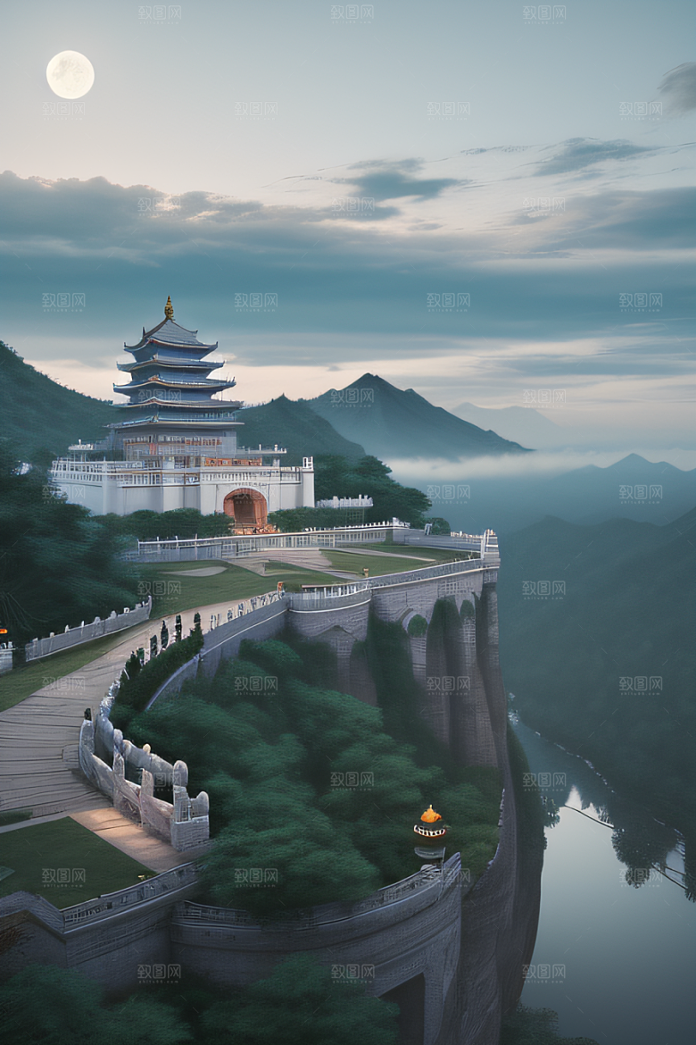 雾山之巅宁静美丽的中国宫殿