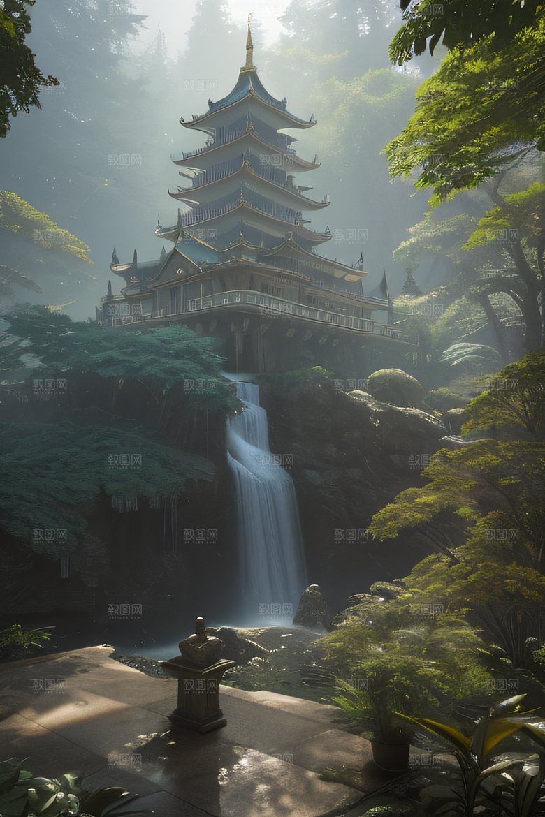 美妙瀑布与红木森林的奇幻画境