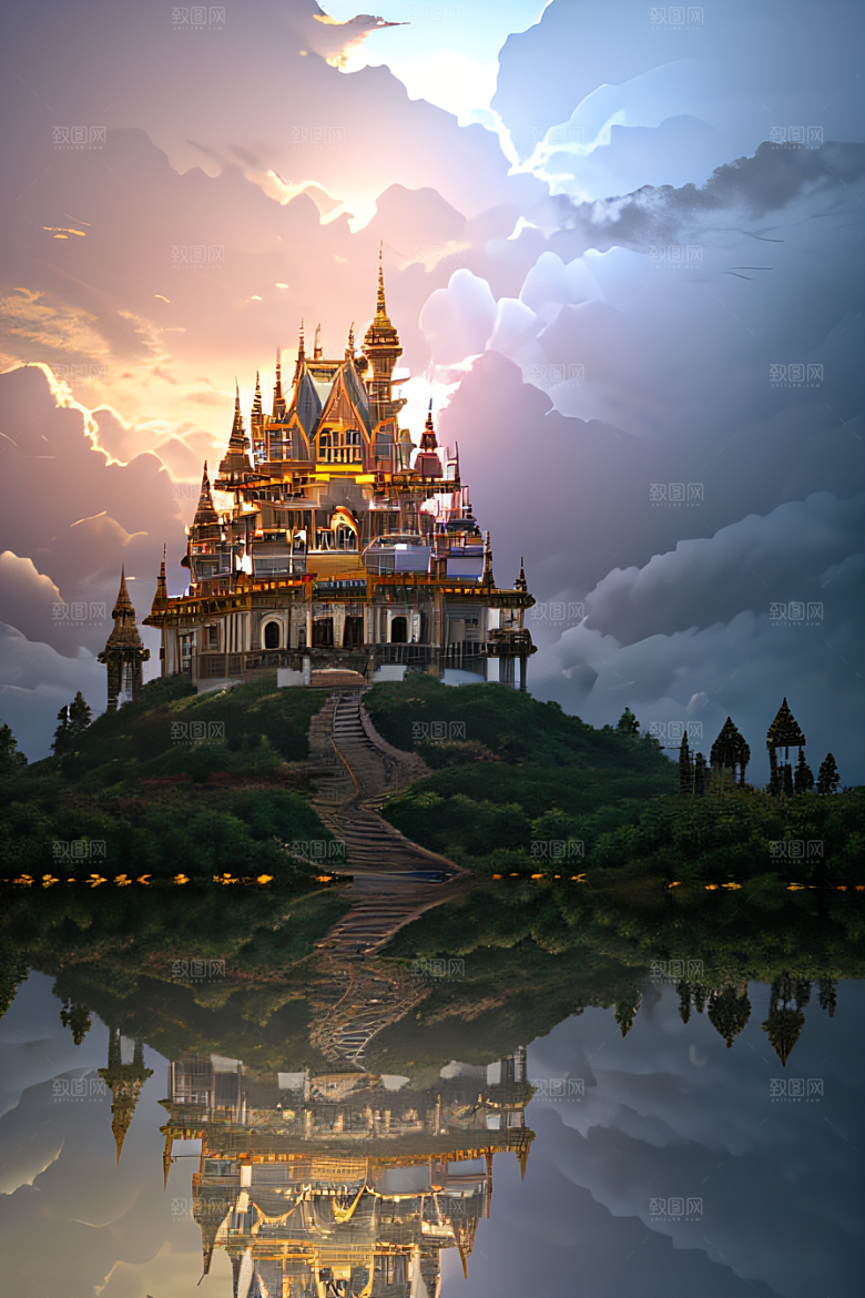 3D魔法景观金殿云瀑的壮丽效果