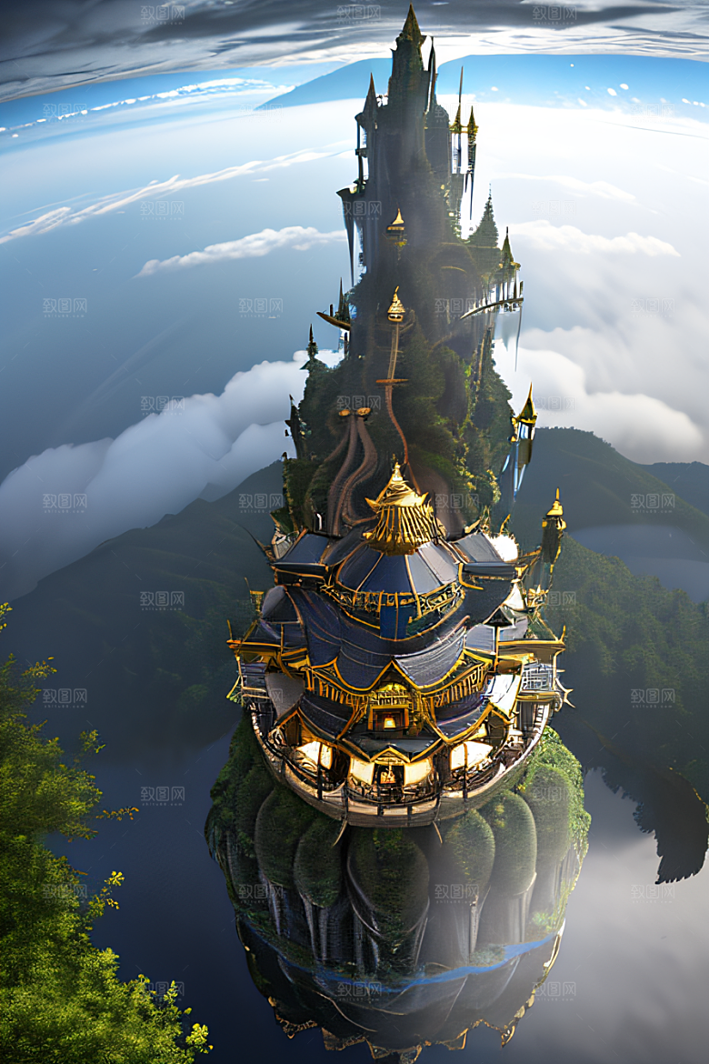 3D魔法景观金殿云瀑的壮丽效果
