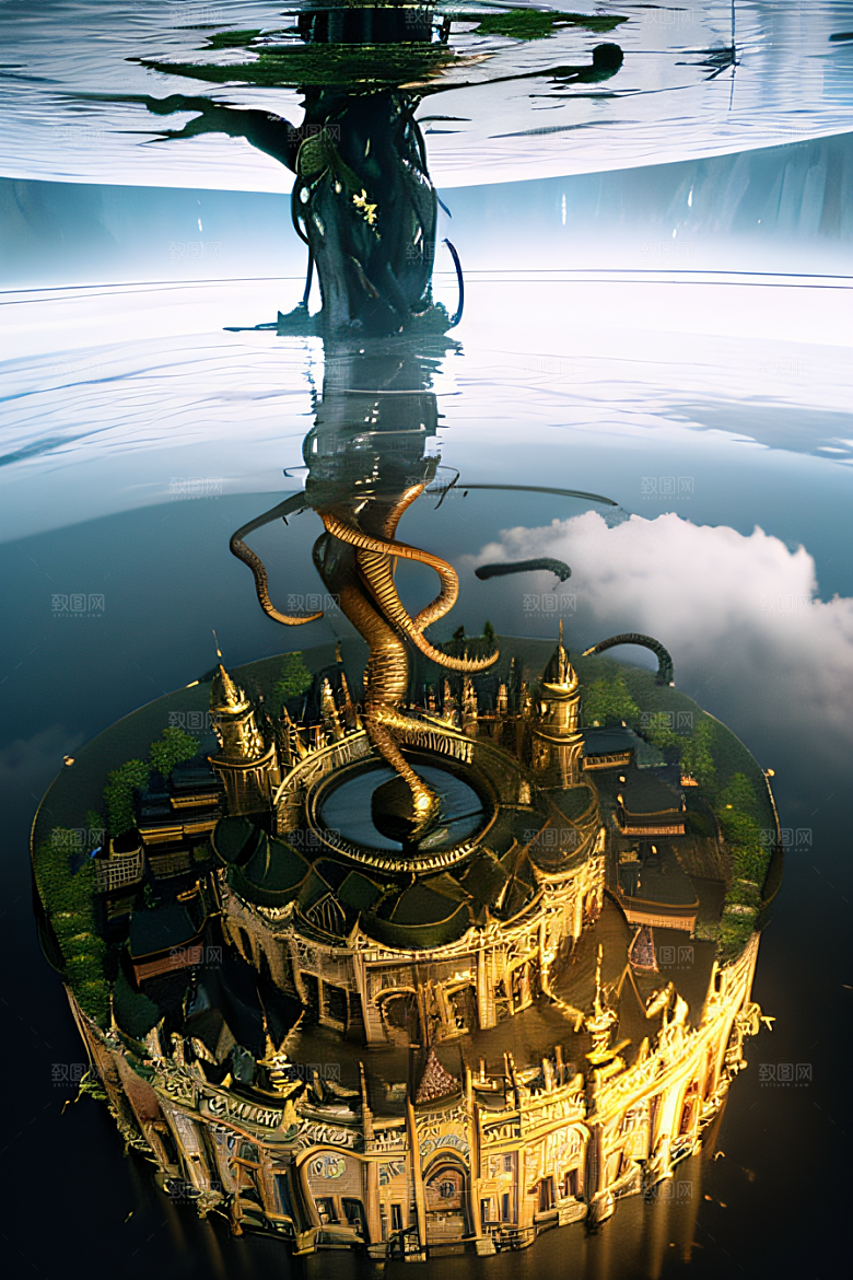 3D魔法景观金殿云瀑的壮丽效果