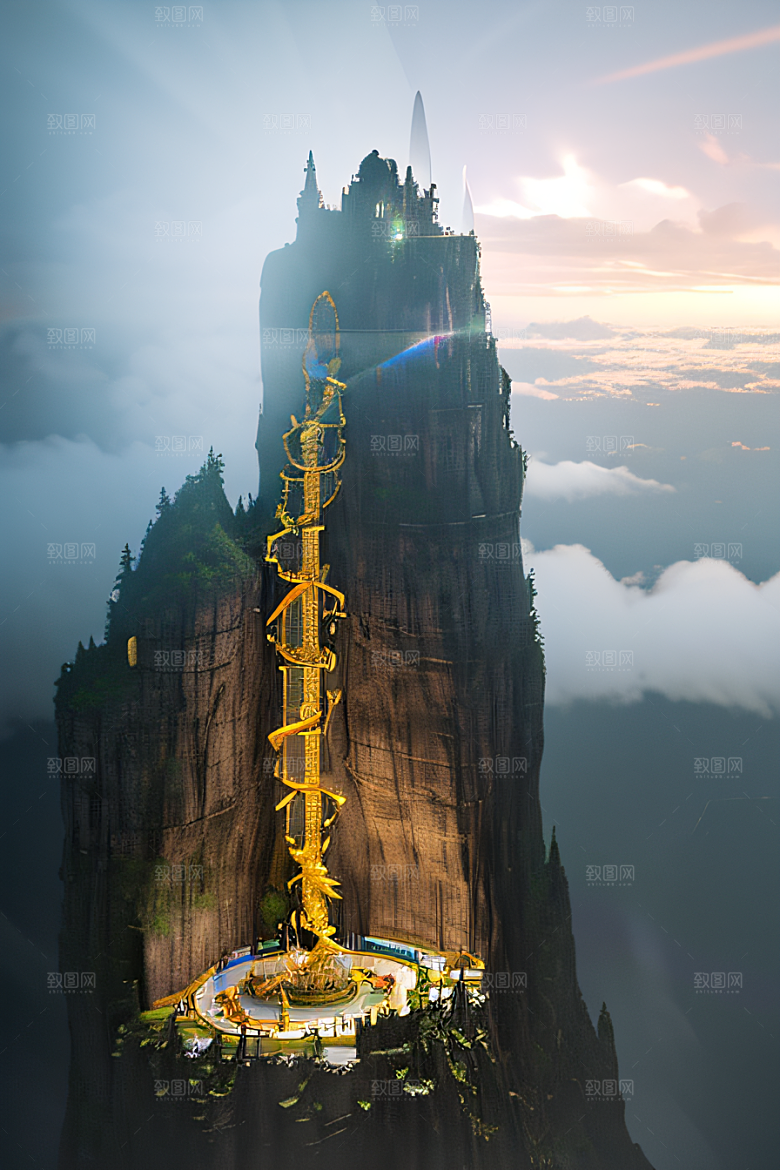 3D魔法景观金殿云瀑的壮丽效果