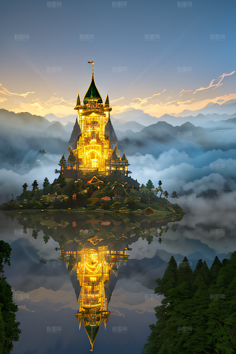 3D魔法景观金殿云瀑的壮丽效果