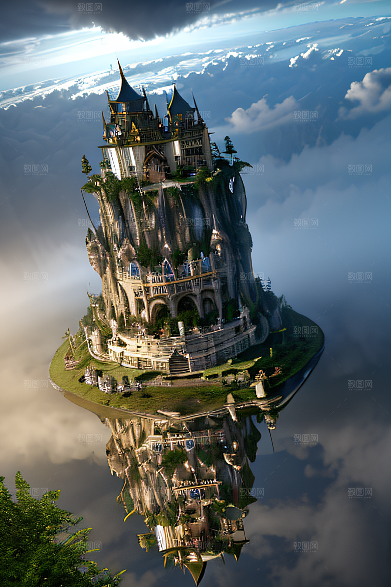 3D魔法景观金殿云瀑的壮丽效果