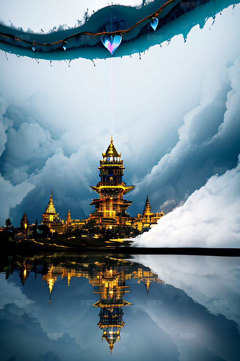3D魔法景观金殿云瀑的壮丽效果