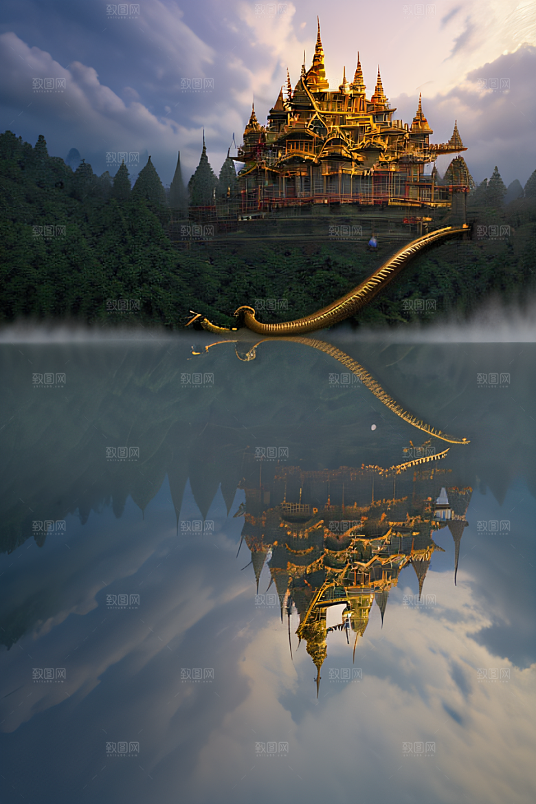 3D魔法景观金殿云瀑的壮丽效果