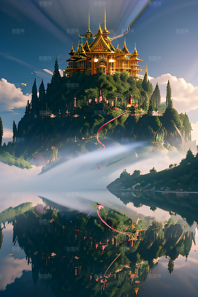 3D魔法景观金殿云瀑的壮丽效果