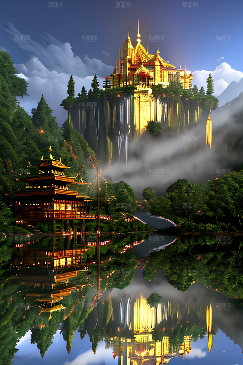 3D魔法景观金殿云瀑的壮丽效果
