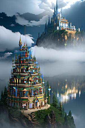 3D魔法景观金殿云瀑的壮丽效果
