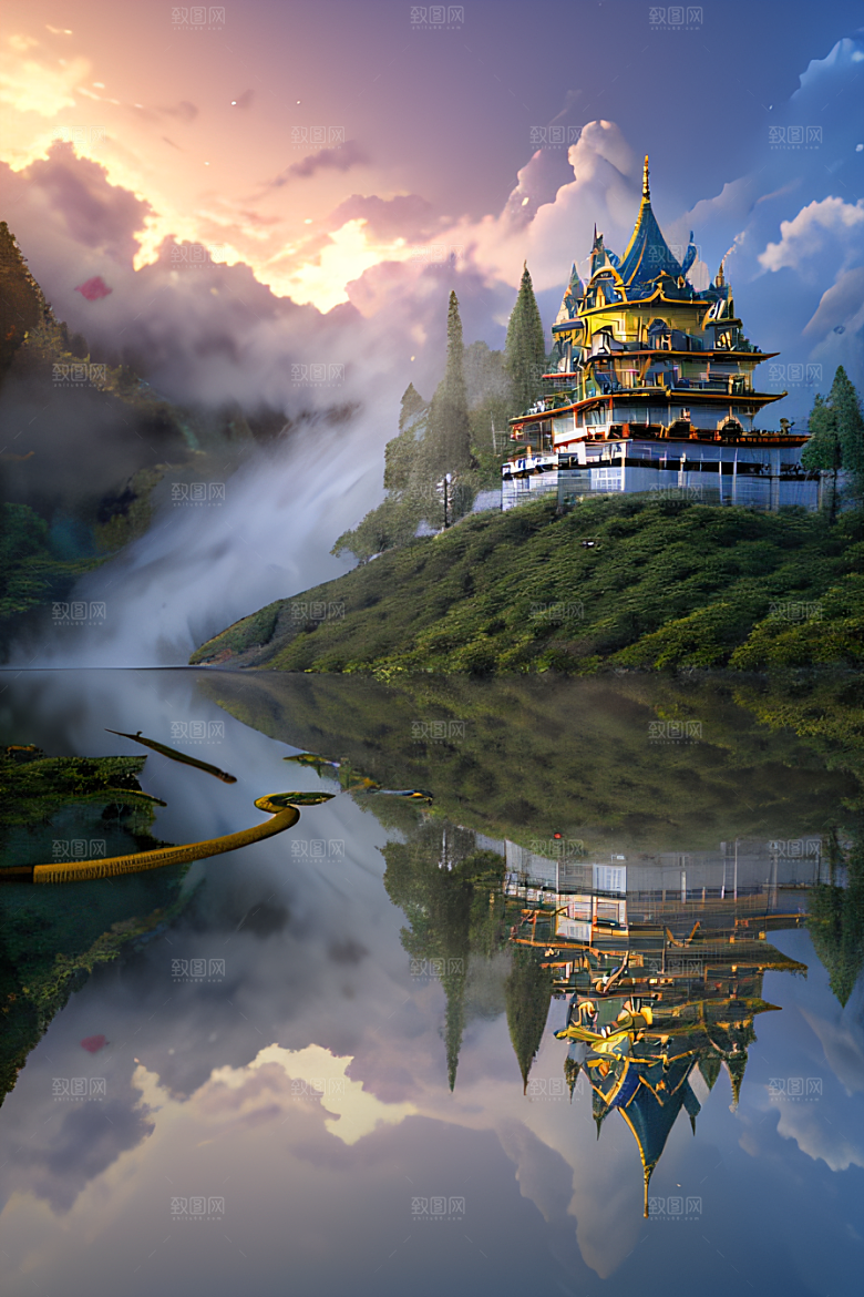 3D魔法景观金殿云瀑的壮丽效果