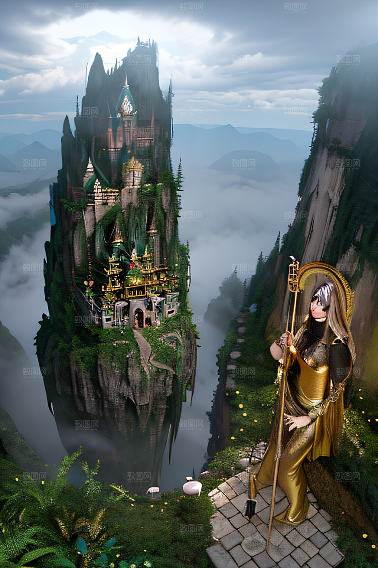 神秘魔法金殿倒影与光效的超广角景观