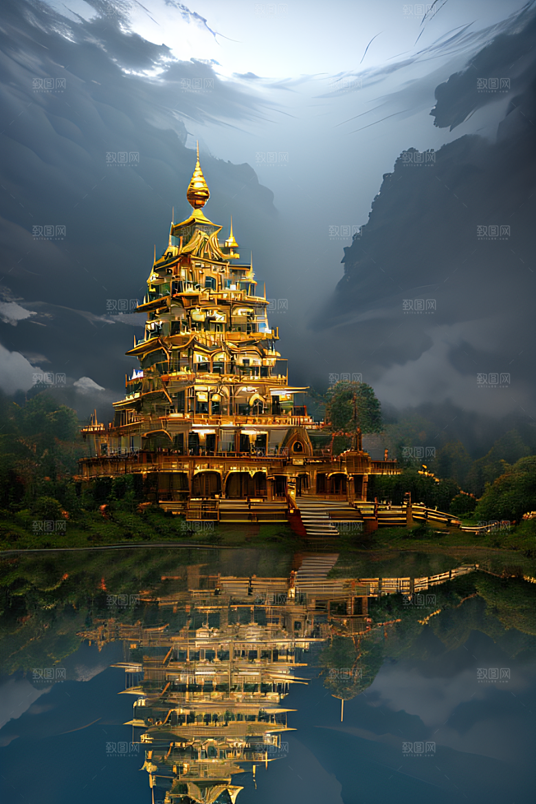 神秘魔法金殿倒影与光效的超广角景观