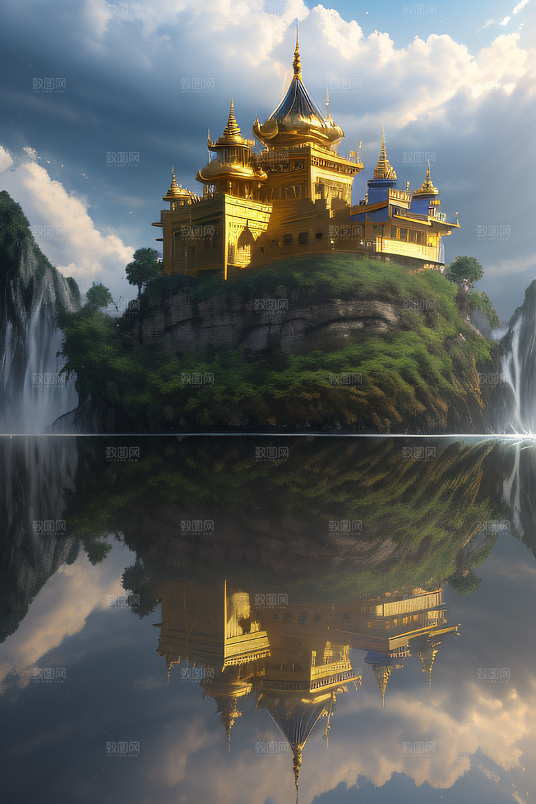 神秘魔法金殿倒影与光效的超广角景观