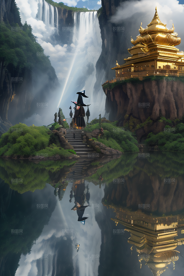 神秘魔法金殿倒影与光效的超广角景观