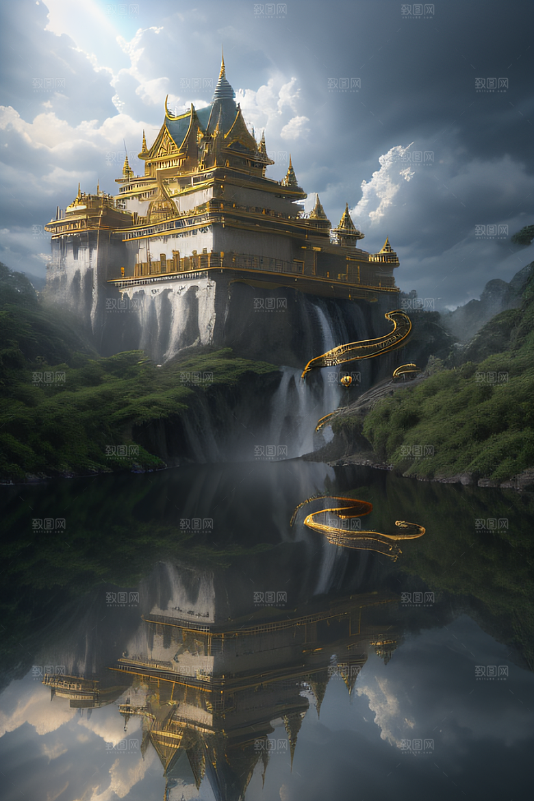 魔法光芒金殿倒影与光效的超广角景观