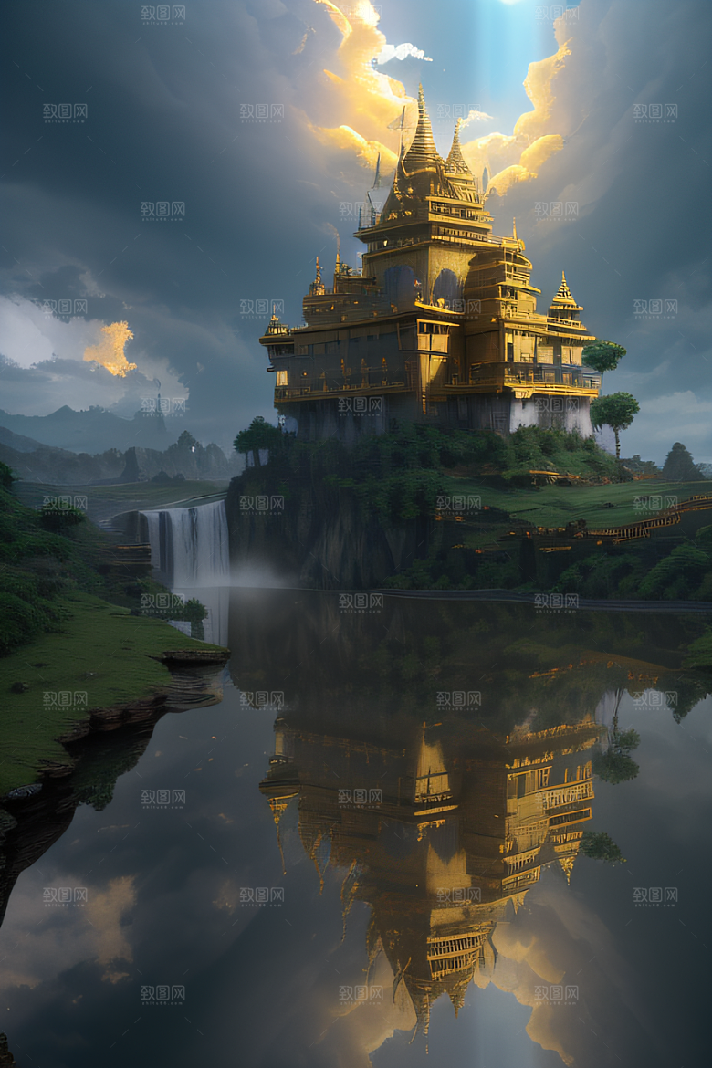 魔法光芒金殿倒影与光效的超广角景观