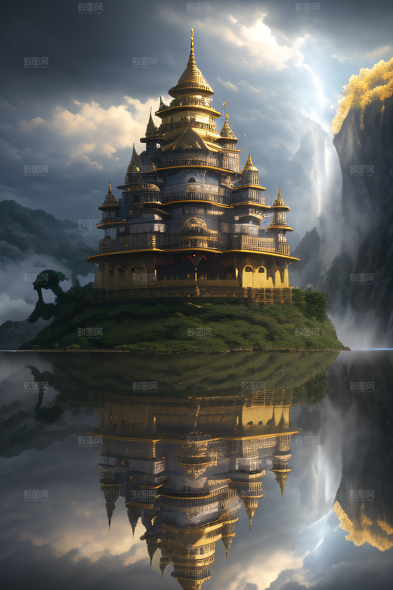 魔法光芒金殿倒影与光效的超广角景观