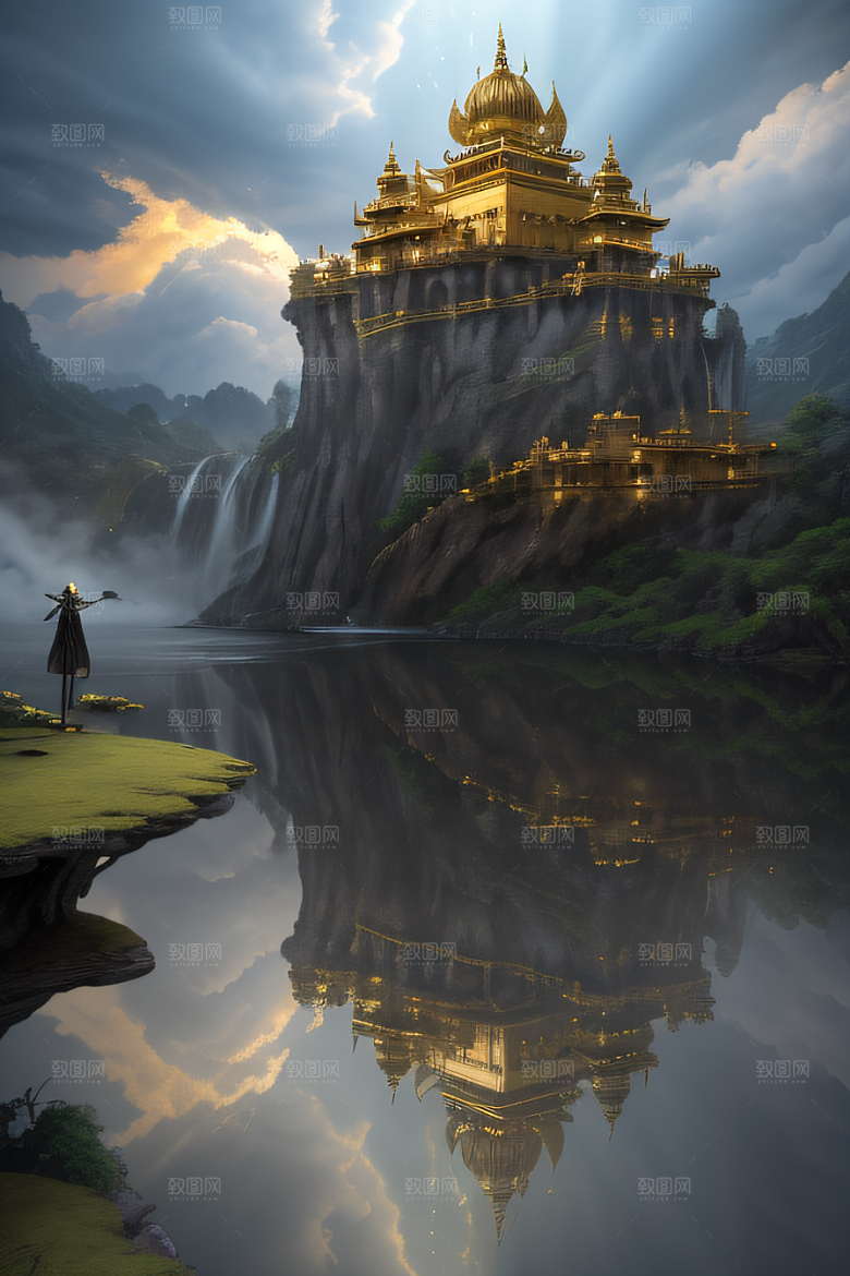 魔法光芒金殿倒影与光效的超广角景观