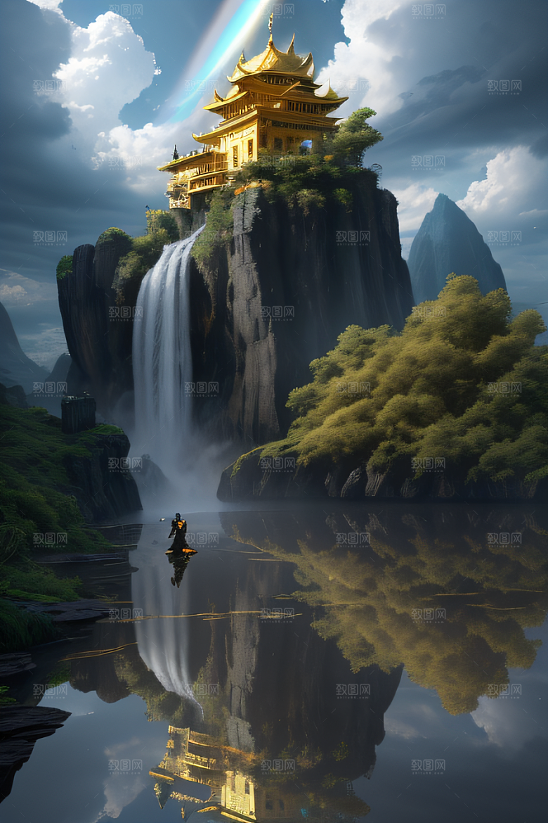魔法光芒金殿倒影与光效的超广角景观
