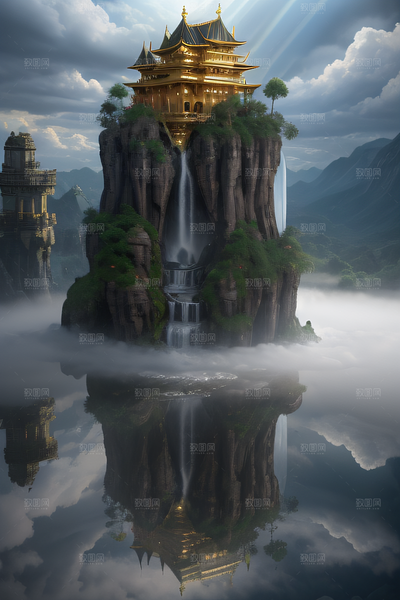 魔法光芒金殿倒影与光效的超广角景观