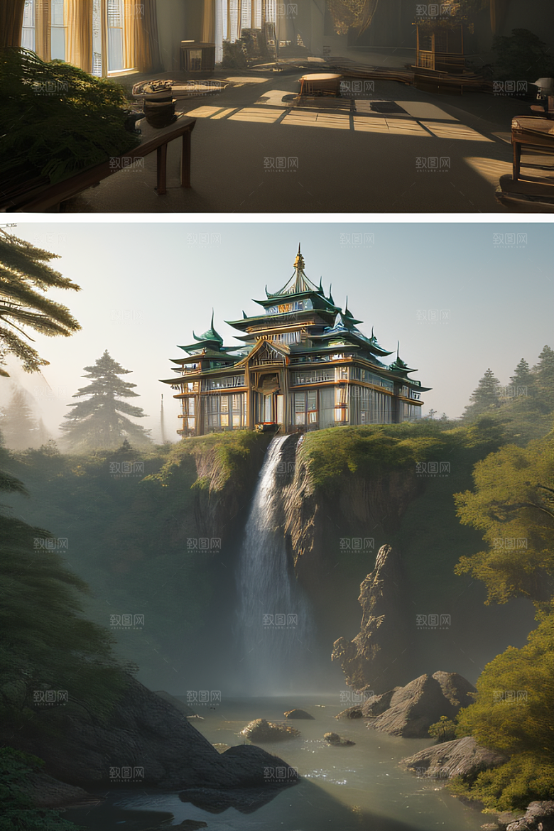 美妙瀑布与红木森林的奇幻画境