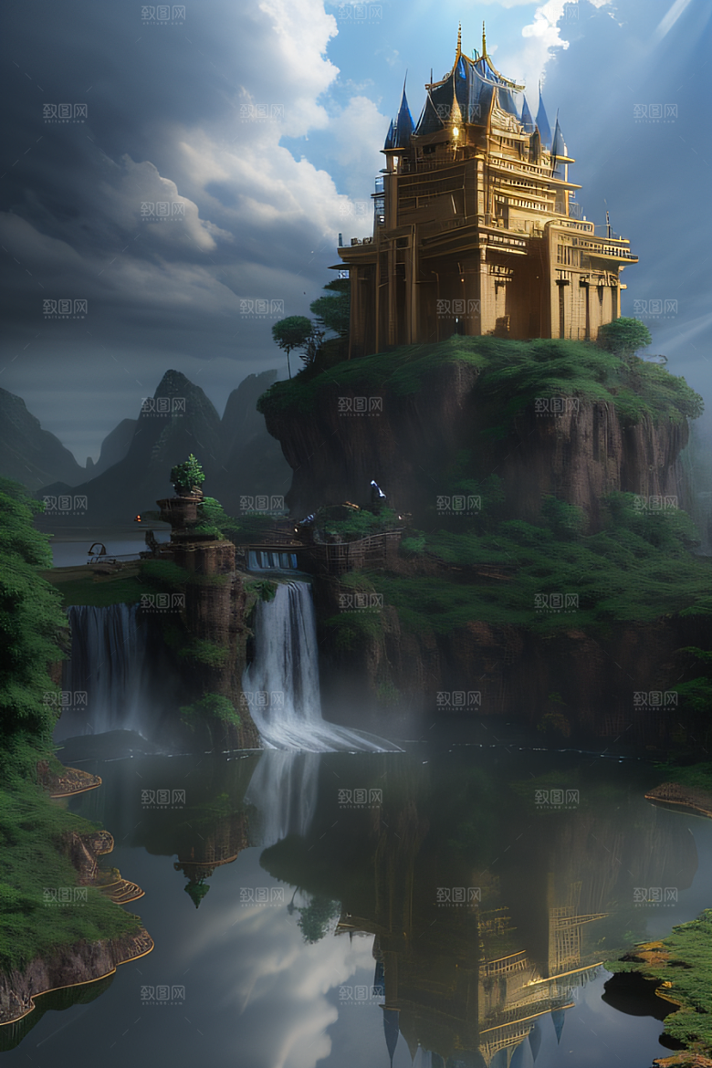 3D魔法景观金殿云瀑的壮丽效果