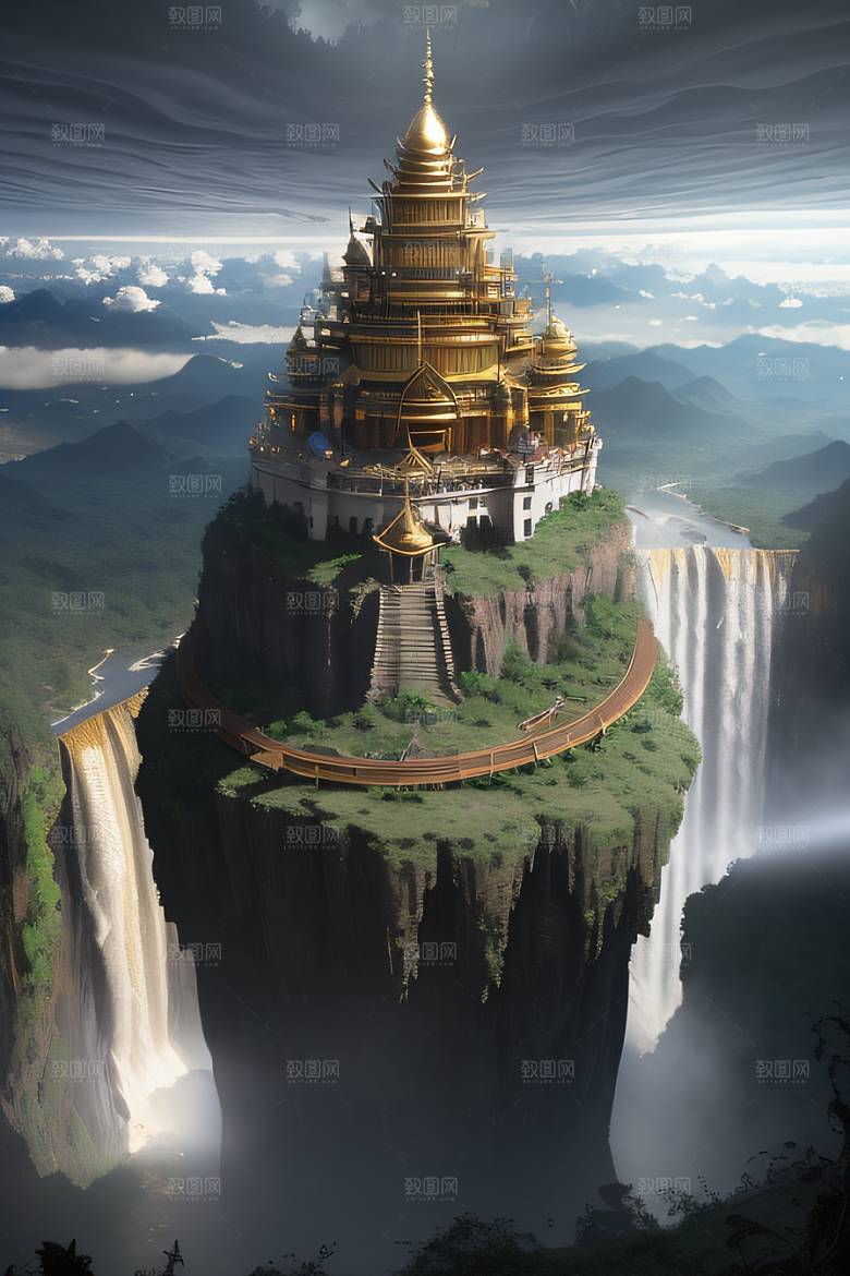 3D魔法景观金殿云瀑的壮丽效果
