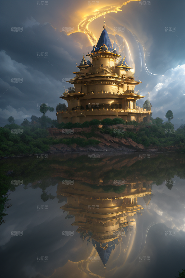 3D魔法景观金殿云瀑的壮丽效果