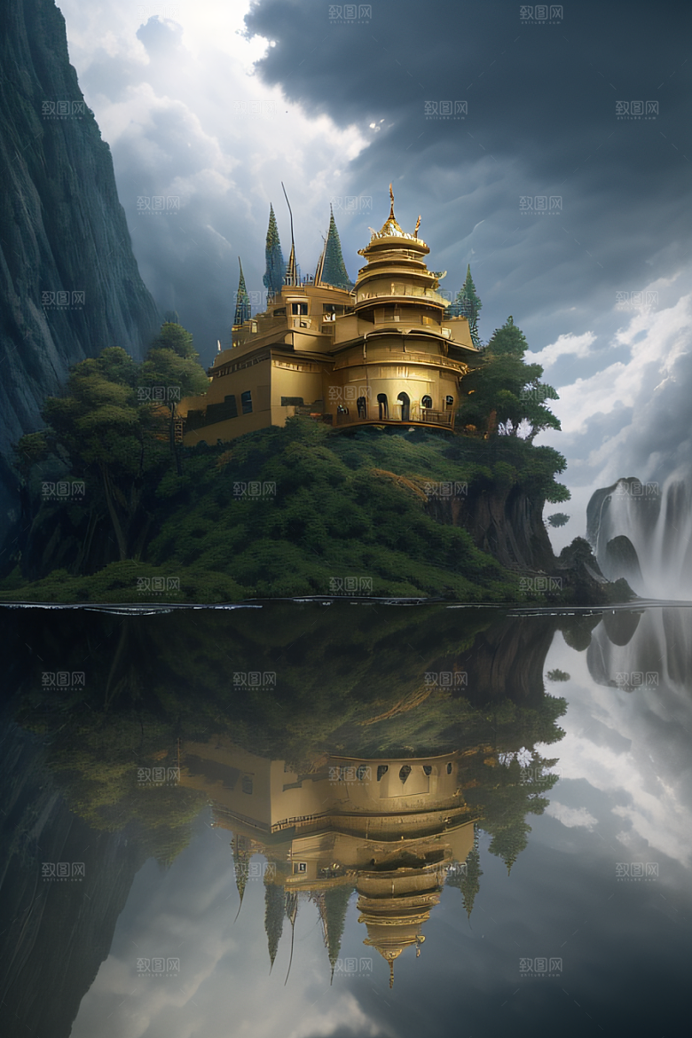 3D魔法景观金殿云瀑的壮丽效果