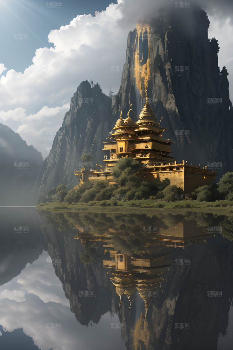 3D魔法景观金殿云瀑的壮丽效果