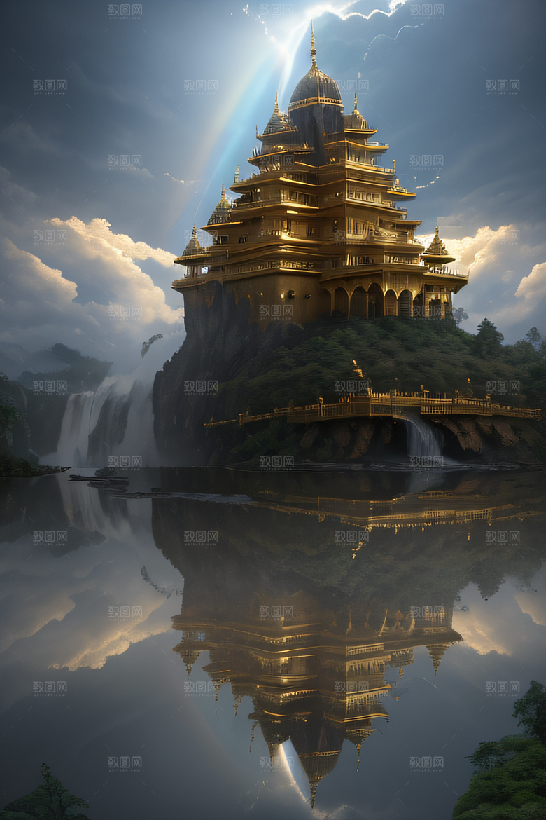 3D魔法景观金殿云瀑的壮丽效果