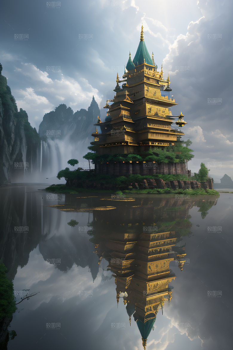 3D魔法景观金殿云瀑的壮丽效果