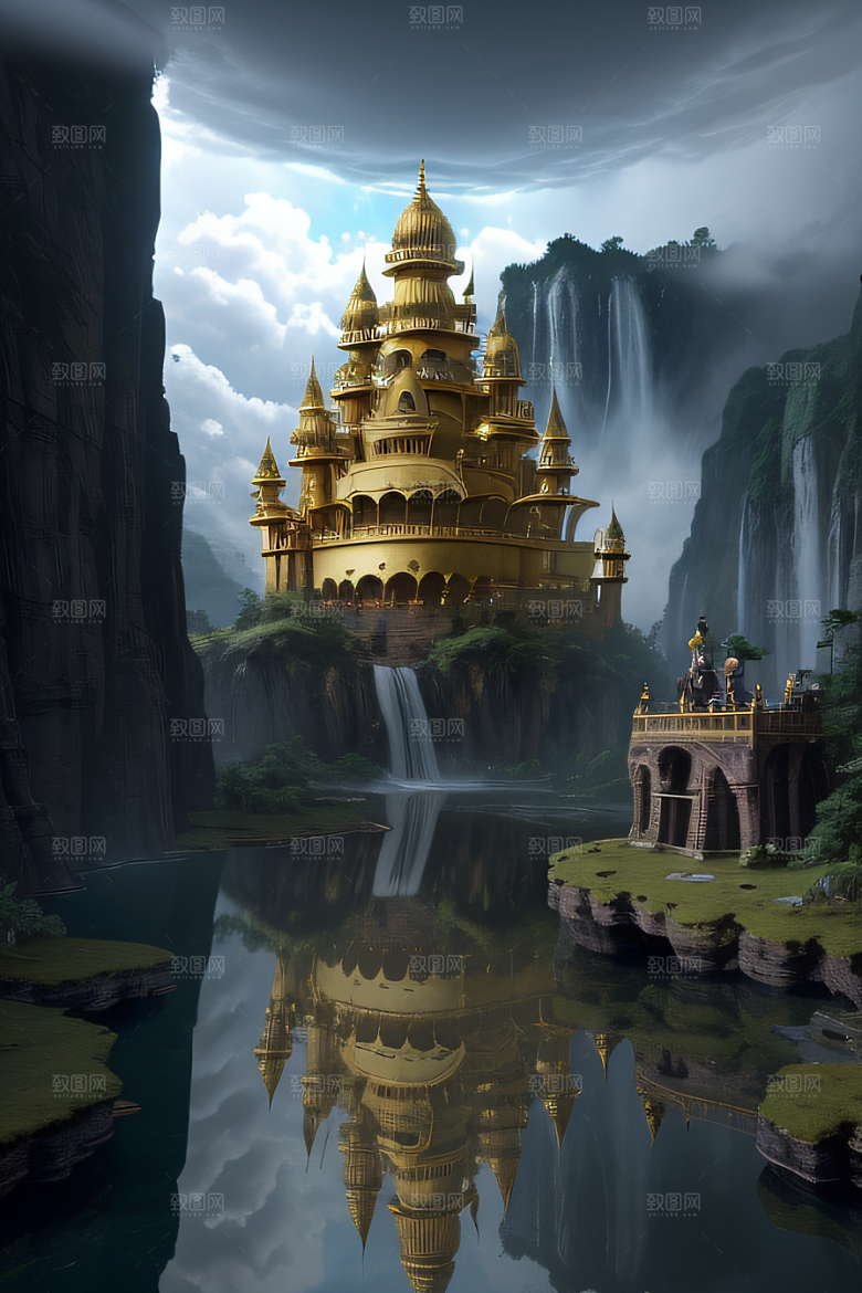 3D魔法景观金殿云瀑的壮丽效果