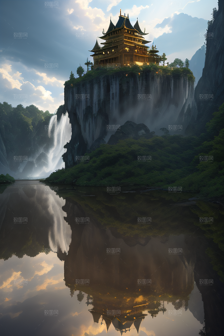 3D魔法景观金殿云瀑的壮丽效果