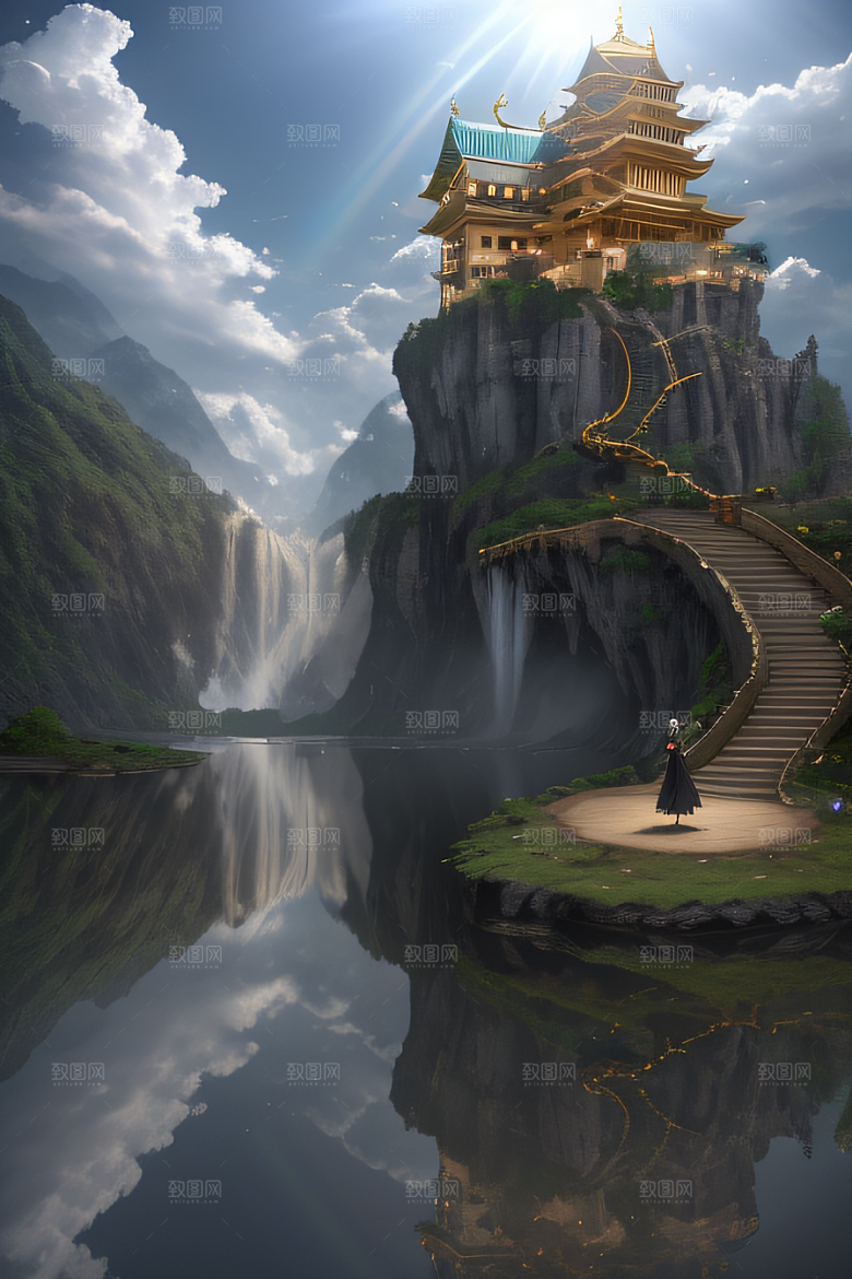 3D魔法景观金殿云瀑的壮丽效果