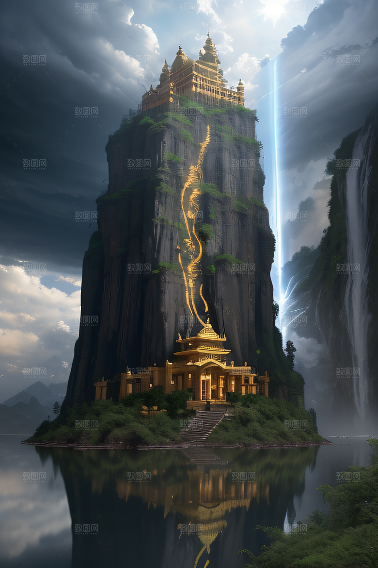 3D魔法景观金殿云瀑的壮丽效果