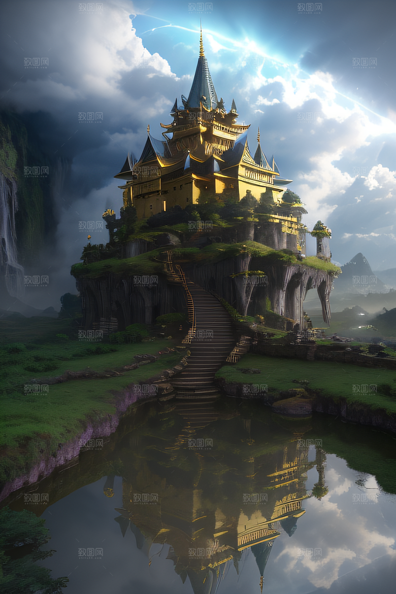 3D魔法景观金殿云瀑的壮丽效果