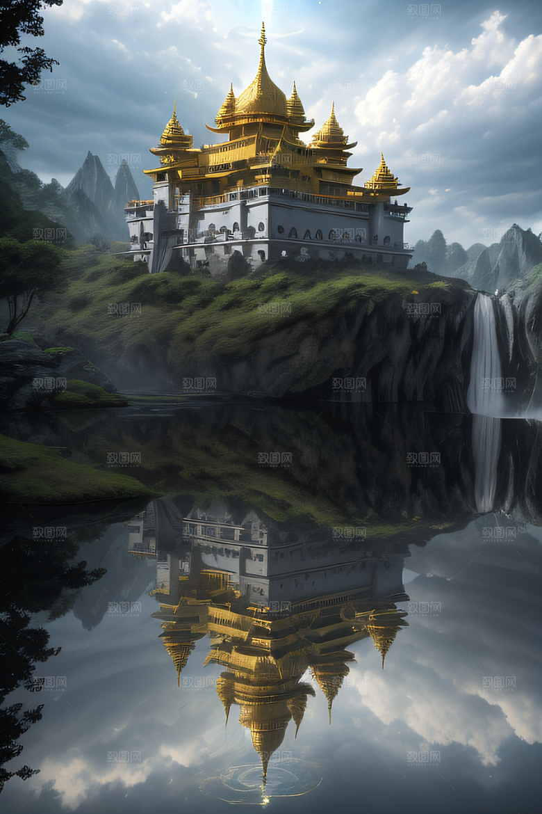 3D魔法景观金殿云瀑的壮丽效果