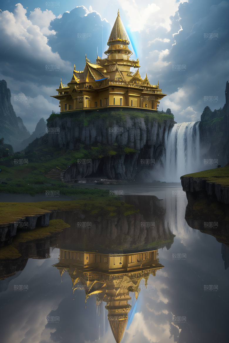 3D魔法景观金殿云瀑的壮丽效果