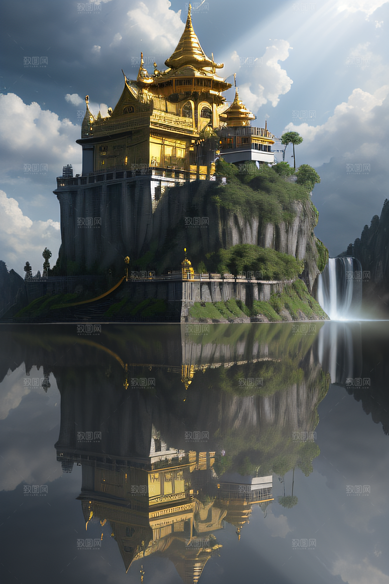 3D魔法景观金殿云瀑的壮丽效果