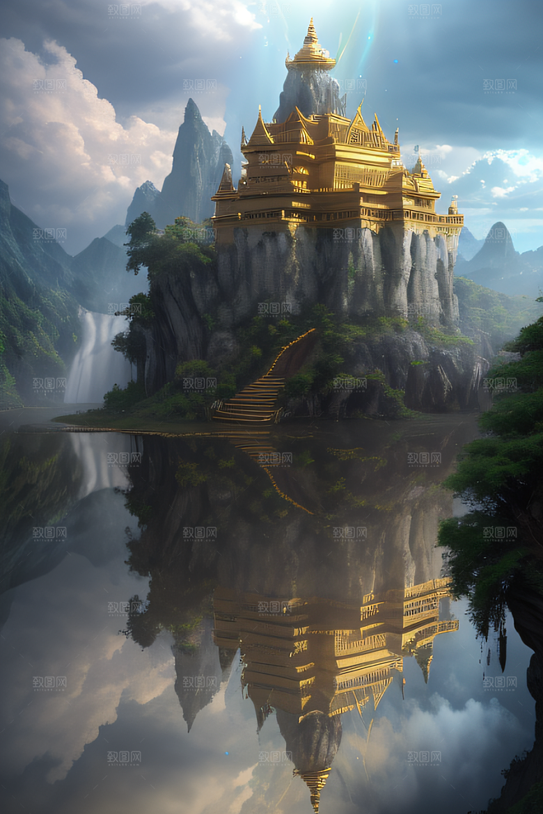 3D魔法景观金殿云瀑的壮丽效果