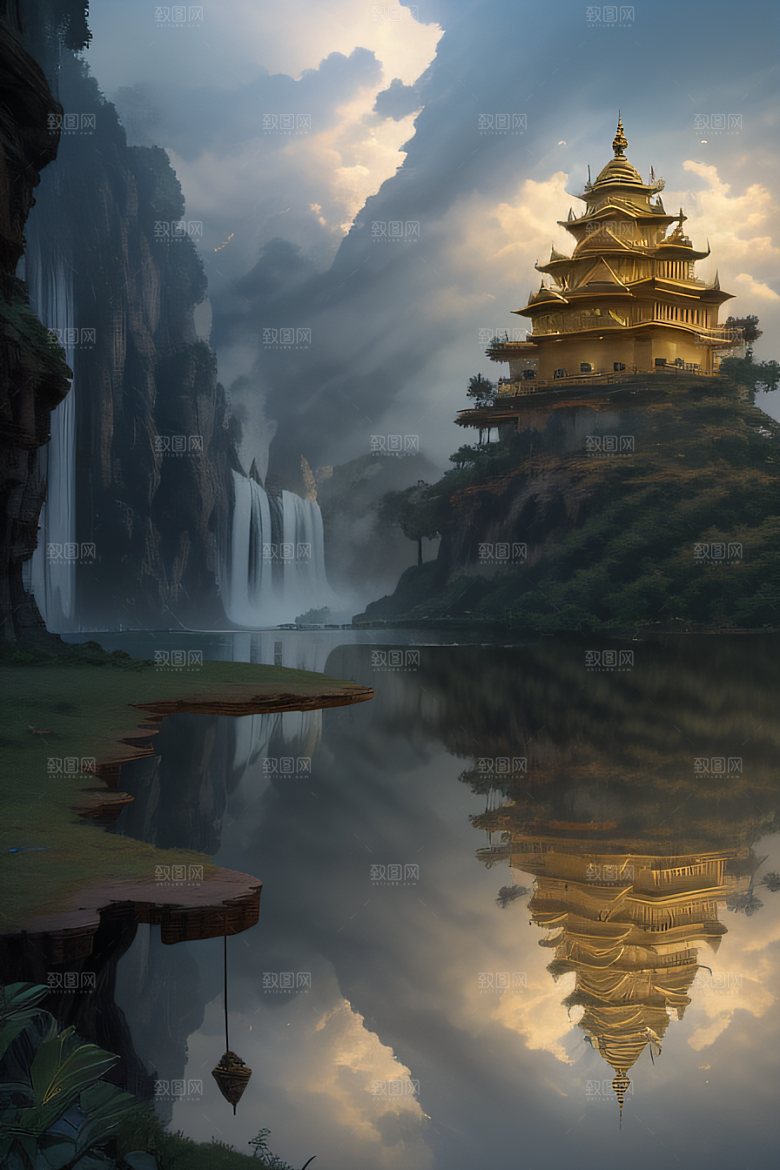3D魔法景观金殿云瀑的壮丽效果