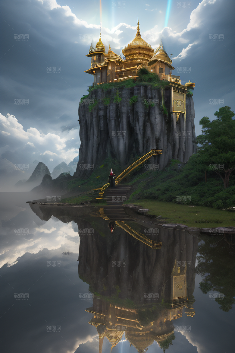 3D魔法景观金殿云瀑的壮丽效果