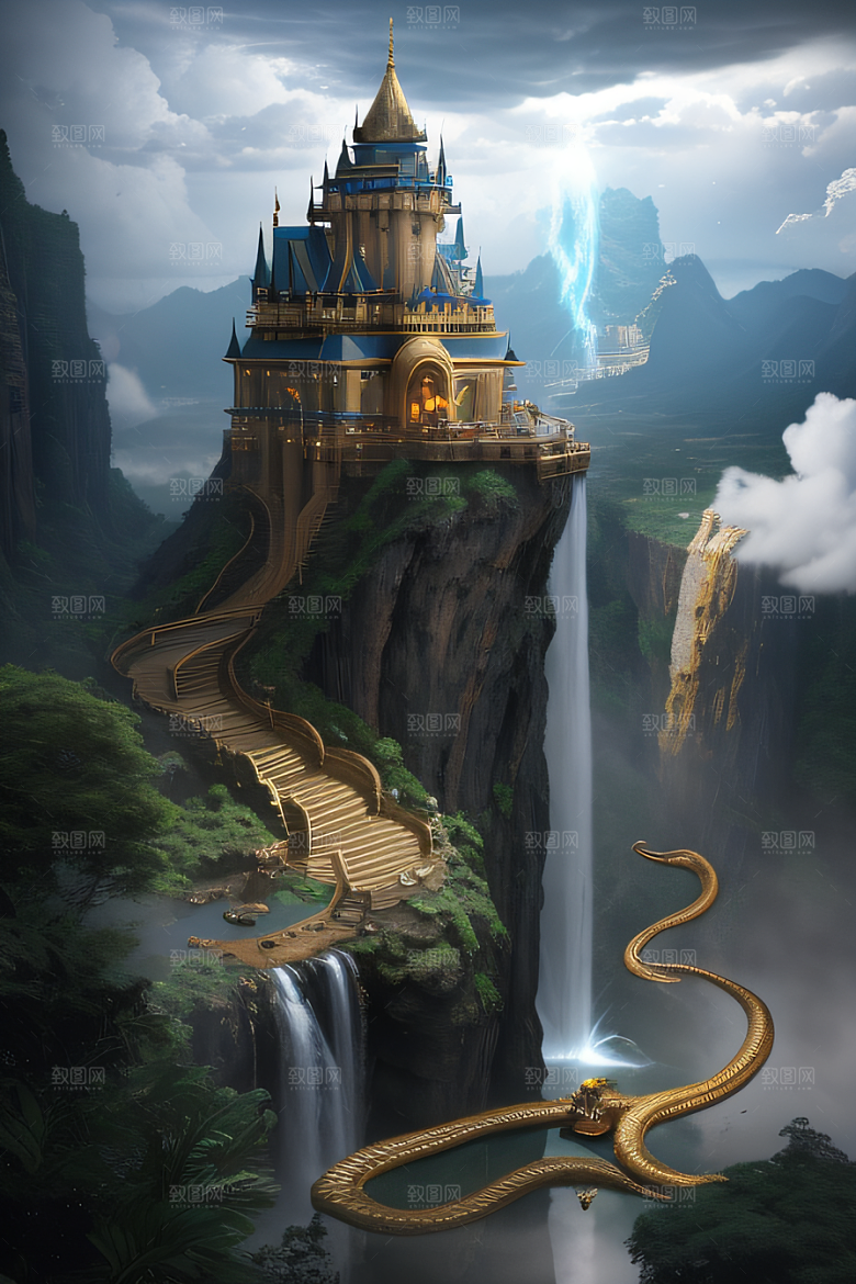 金色宫殿巫师与蛇的魔幻场景