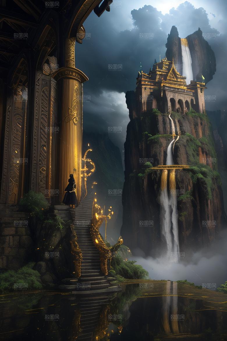 金色宫殿巫师与蛇的魔幻场景