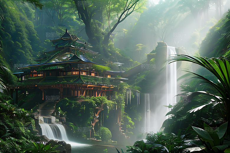 梦幻绘画完美几何建筑中的奇幻之境