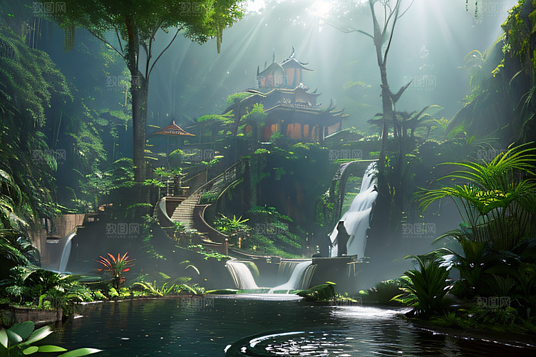 梦幻绘画完美几何建筑中的奇幻之境