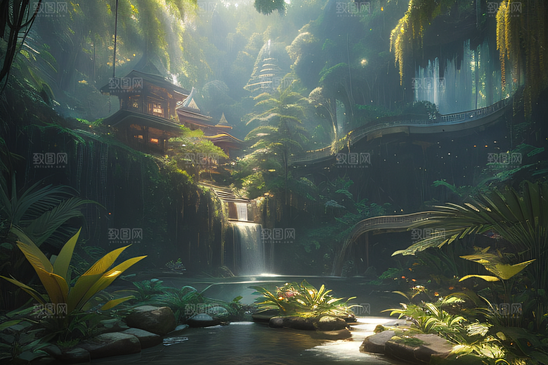 完美几何建筑梦幻绘画般的奇幻景观