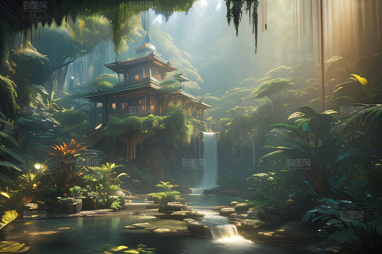 梦幻绘画完美几何建筑中的奇幻之境